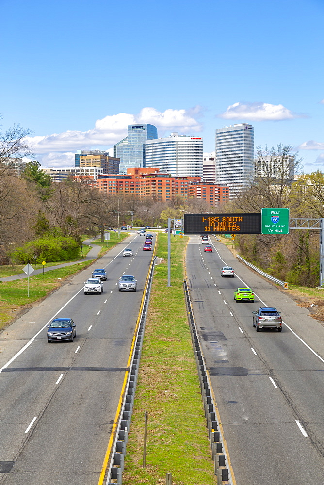 View of North Rosslyn skyline and traffic on Richmond Highway, Washington D.C., United States of America, North America