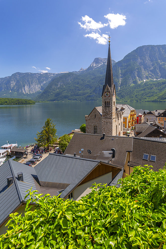 Elevated view of Hallstatt village, UNESCO World Heritage Site, Salzkammergut region of the Alps, Salzburg, Austria, Europe