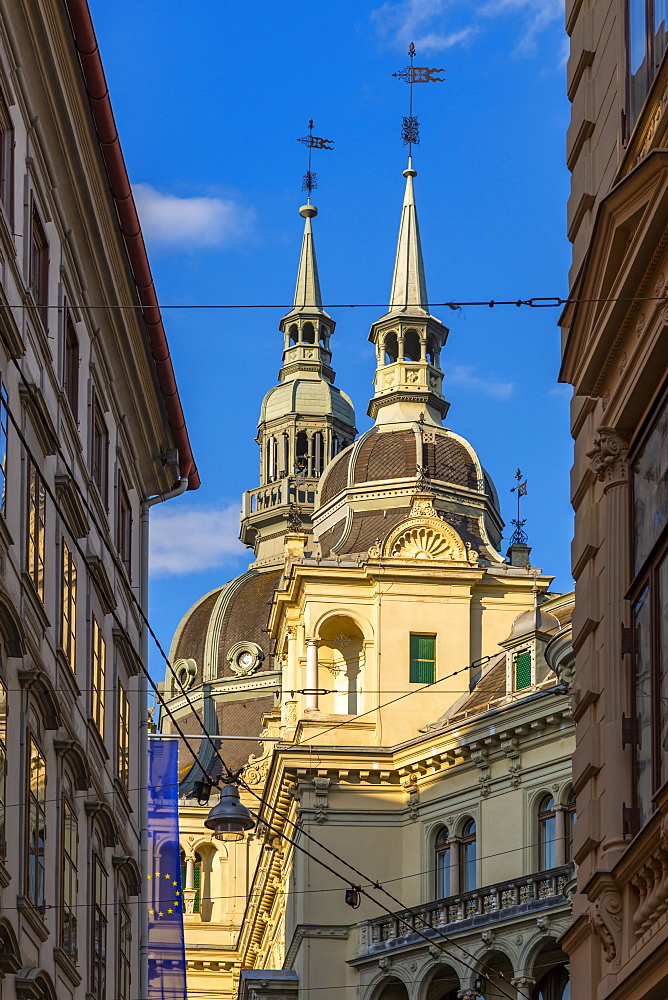 View of colourful architecture and the Rathaus visible in background, Graz, Styria, Austria, Europe