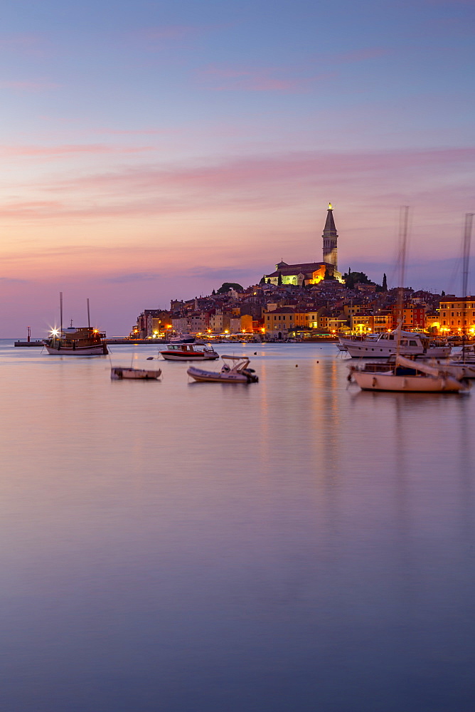 View of harbour and the old town with the Cathedral of St. Euphemia at dusk, Rovinj, Istria, Croatia, Adriatic, Europe