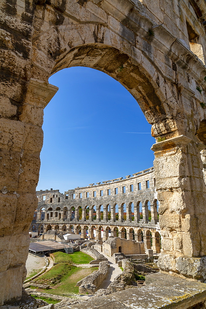 View of the Roman Amphitheatre against blue sky, Pula, Istria County, Croatia, Adriatic, Europe