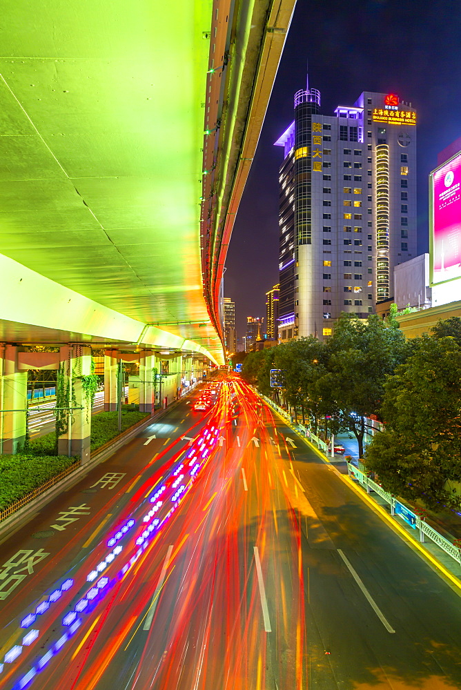 Luban Road Motorway Interchange at night, Luwan, Shanghai, China, Asia