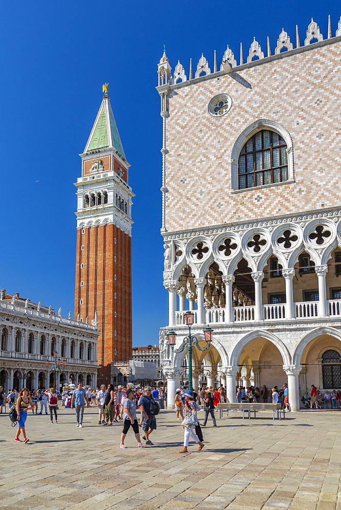 View of the Campanile and Doge's Palace in St. Mark's Square, Venice, UNESCO World Heritage Site, Veneto, Italy, Europe