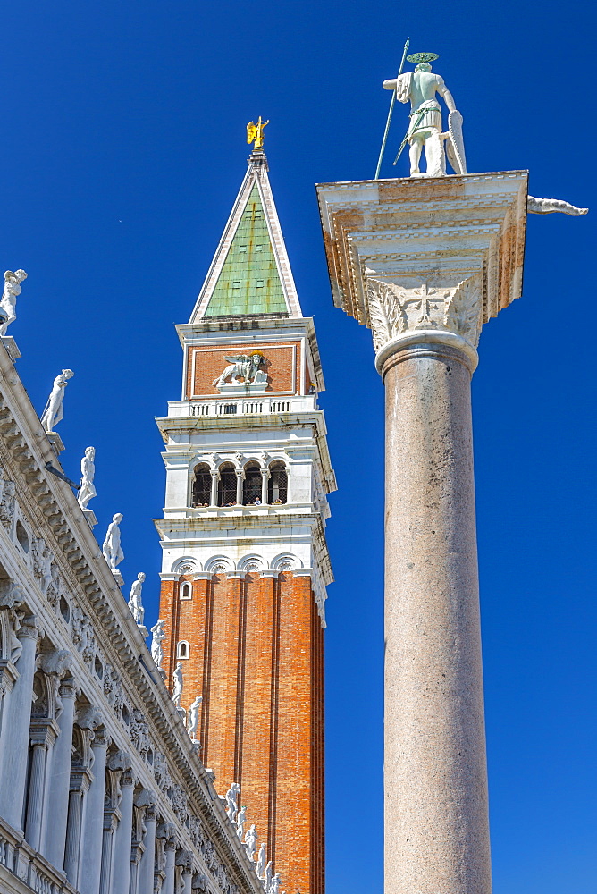 View of the Campanile and statue in St. Mark's Square, Venice, UNESCO World Heritage Site, Veneto, Italy, Europe