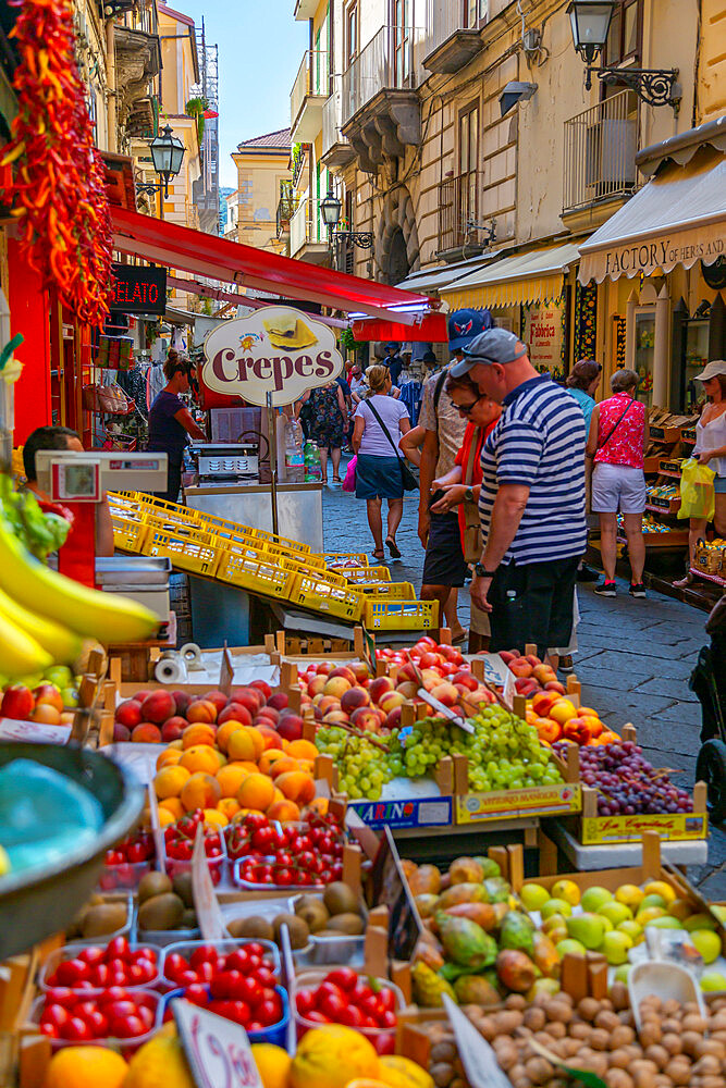 View of fruit stall on busy Via S Cesario, Sorrento, Campania, Italy, Europe