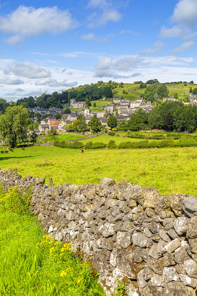 View of dry stone walls and Brassington, Derbyshire Dales, Derbyshire, England, United Kingdom, Europe