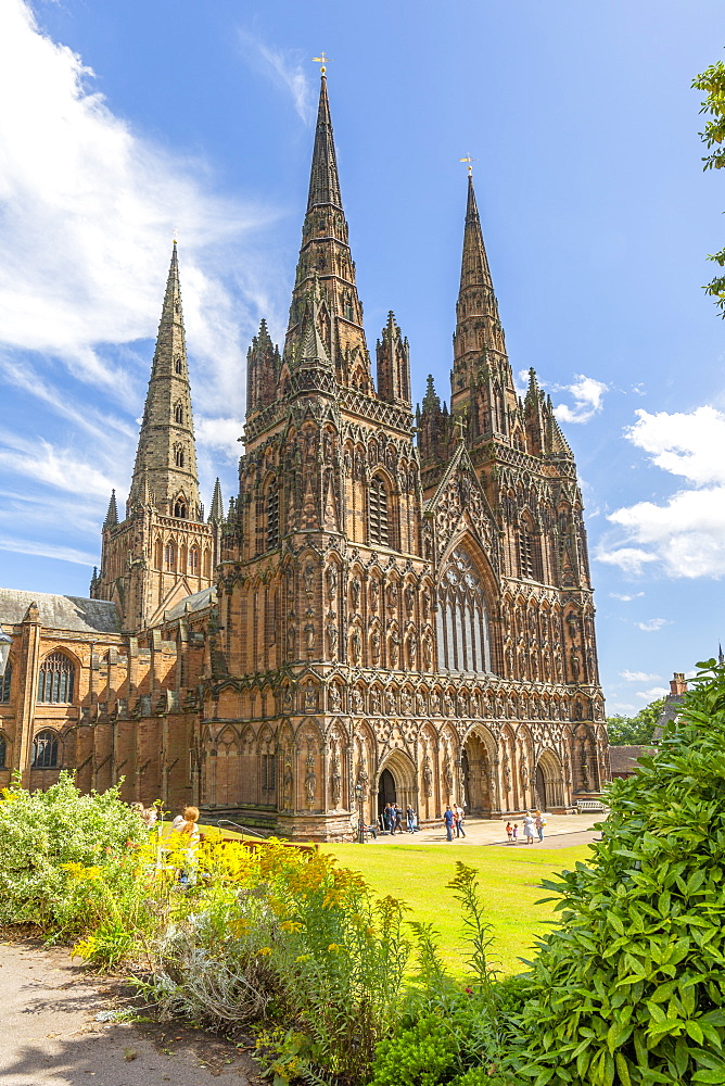 View of Lichfield Cathedral West facade, Lichfield, Staffordshire, England, United Kingdom, Europe