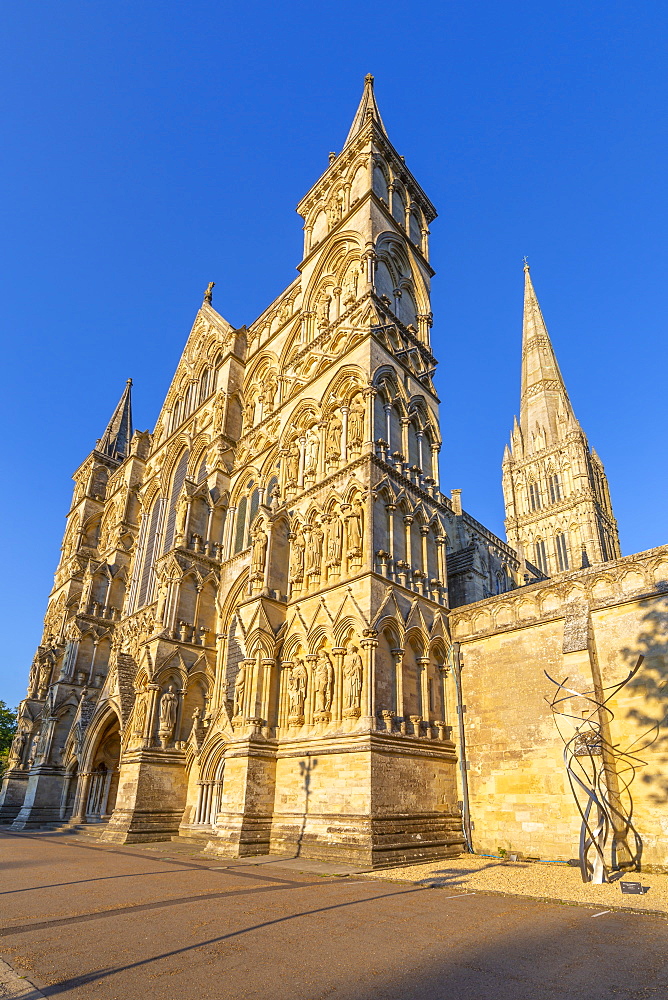 View of Salisbury Cathedral against clear blue sky, Salisbury, Wiltshire, England, United Kingdom, Europe