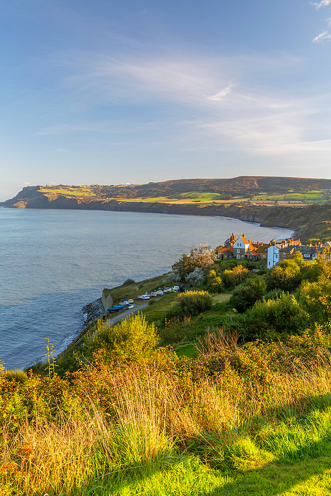 Panoramic view of old fishing village in Robin Hood's Bay, North Yorkshire, England, United Kingdom, Europe