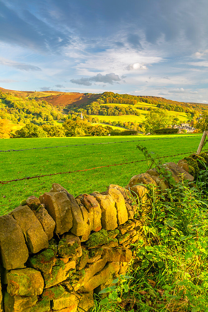 View of Hathersage and countryside autumnal colours, Derbyshire Peak District, Derbyshire, England, United Kingdom, Europe