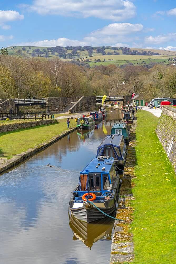 View of narrow boats at Bugsworth Basin, Bugsworth, Peak Forest Canal, High Peak, Derbyshire, England, United Kingdom, Europe