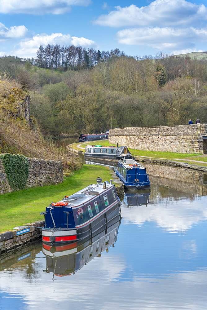 View of narrow boats at Bugsworth Basin, Bugsworth, Peak Forest Canal, High Peak, Derbyshire, England, United Kingdom, Europe