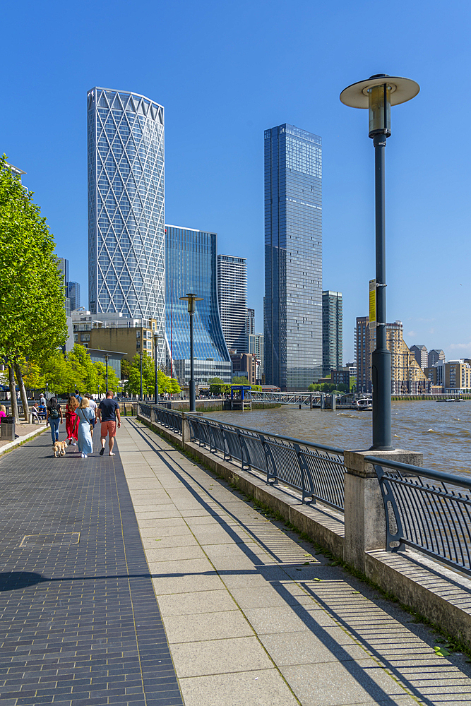 View of Thames Path and Canary Wharf, Limehouse, London, England, United Kingdom, Europe