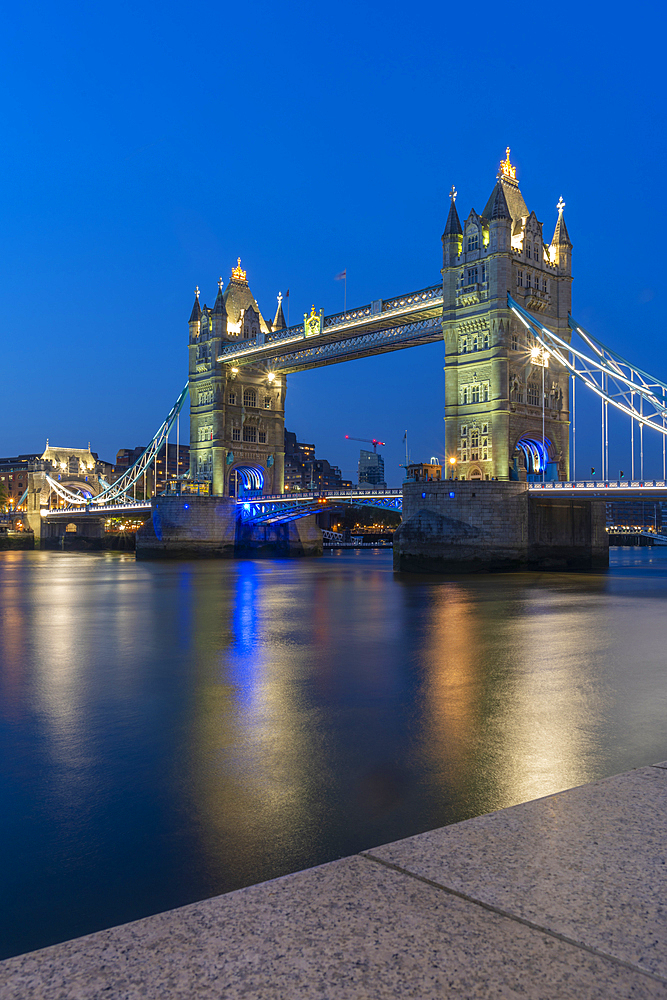 View of Tower Bridge and River Thames at dusk, London, England, United Kingdom, Europe