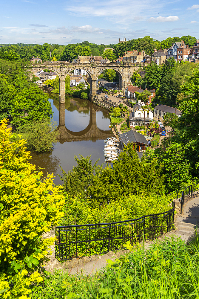 View of Knaresborough viaduct and the River Nidd from path leading to the Castle, Knaresborough, North Yorkshire, England, United Kingdom, Europe