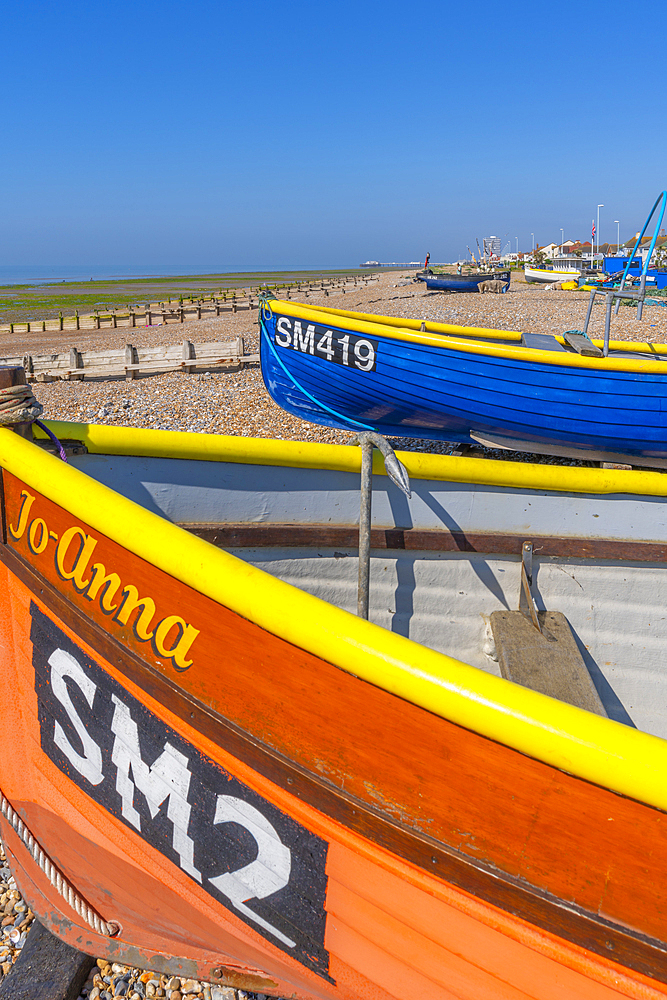 View of colourful fishing boats on Worthing Beach, Worthing, West Sussex, England, United Kingdom, Europe