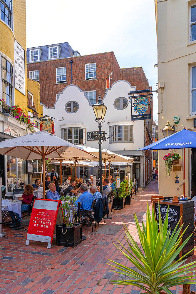 View of restaurants and cafes in The Lanes, Brighton, Sussex, England, United Kingdom, Europe