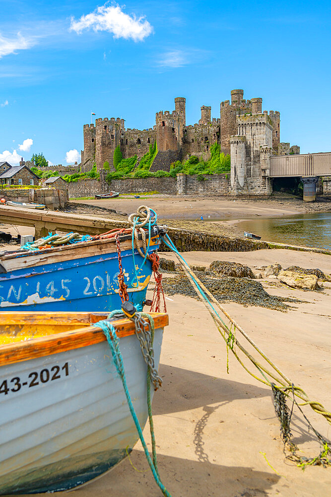 View of Conwy Castle, UNESCO World Heritage Site, and boats on the shore, Conwy, Conway County Borough, Wales, United Kingdom, Europe