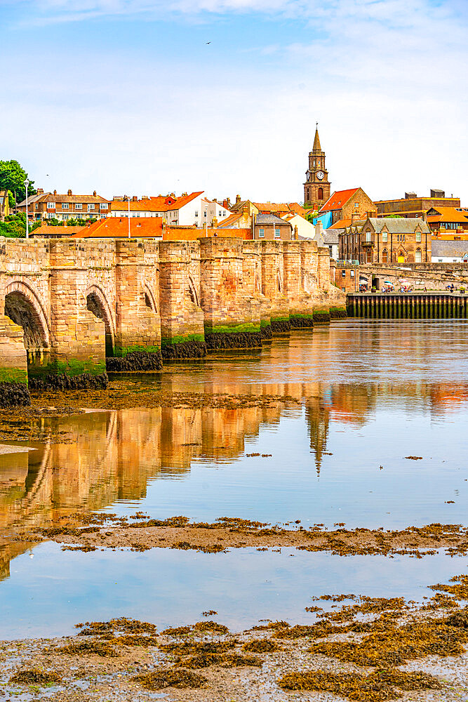 View of River Tweed and town buildings, Berwick-upon-Tweed, Northumberland, England, United Kingdom, Europe