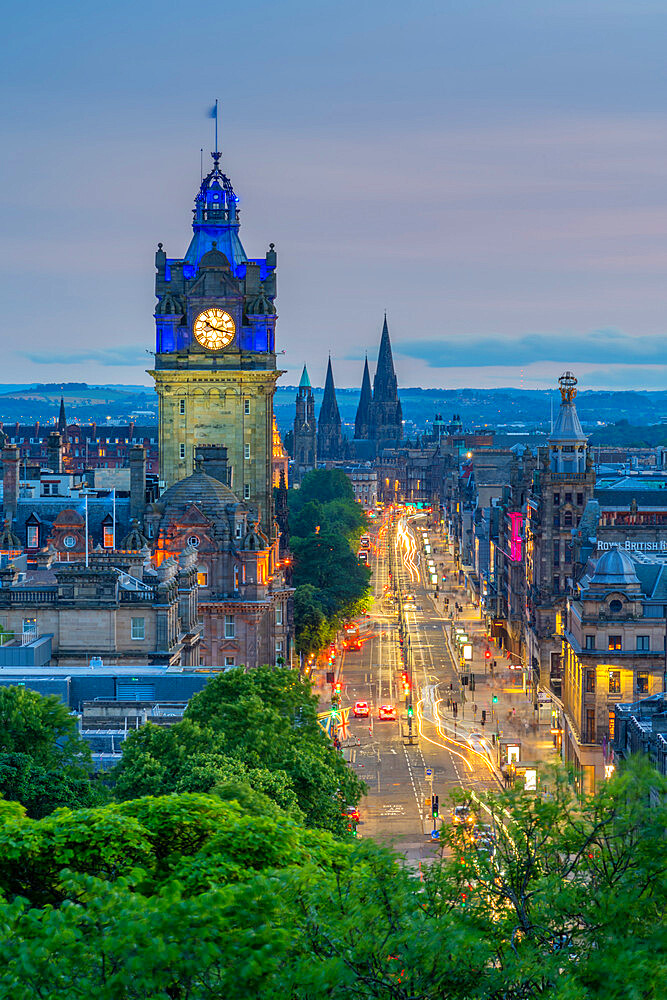 View of Balmoral Hotel and Princes Street from Calton Hill at dusk, Edinburgh, Lothian, Scotland, United Kingdom, Europe