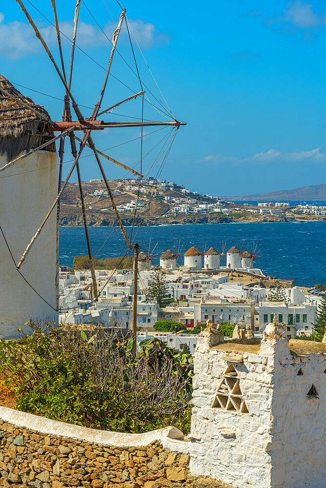 Elevated view of windmills and town, Mykonos Town, Mykonos, Cyclades Islands, Greek Islands, Aegean Sea, Greece, Europe