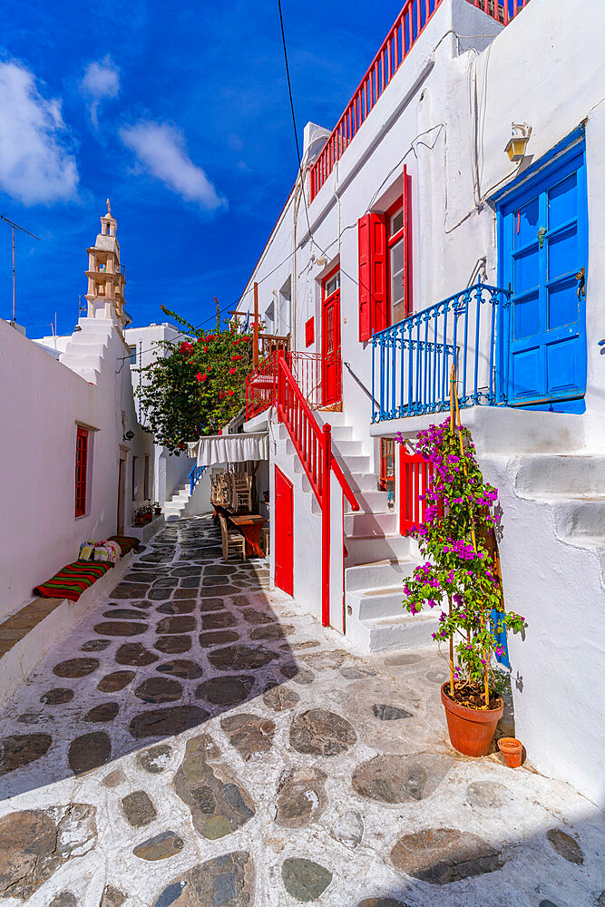 View of whitewashed cobbled street, Mykonos Town, Mykonos, Cyclades Islands, Greek Islands, Aegean Sea, Greece, Europe