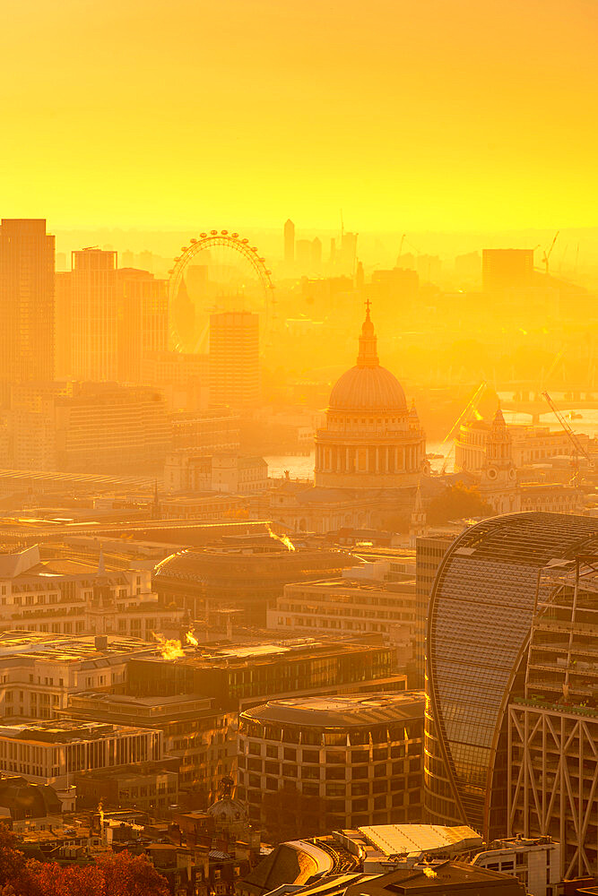 View of London Eye and St. Paul's Cathedral at golden hour from the Principal Tower, London, England, United Kingdom, Europe