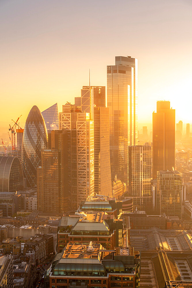 View of City of London skyscrapers at golden hour from the Principal Tower, London, England, United Kingdom, Europe