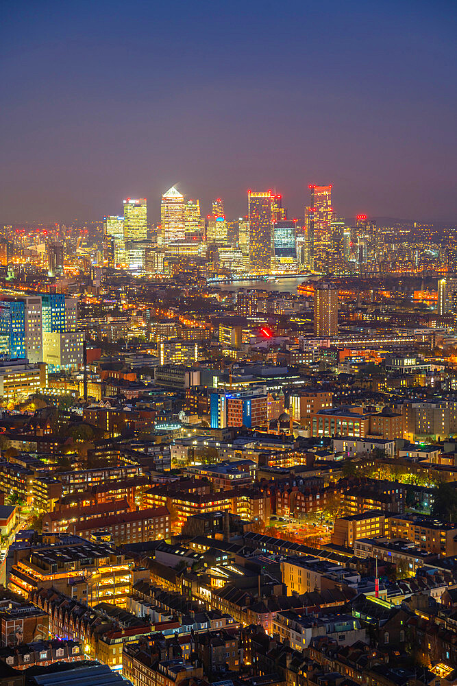 View of Canary Wharf at dusk from the Principal Tower, London, England, United Kingdom, Europe