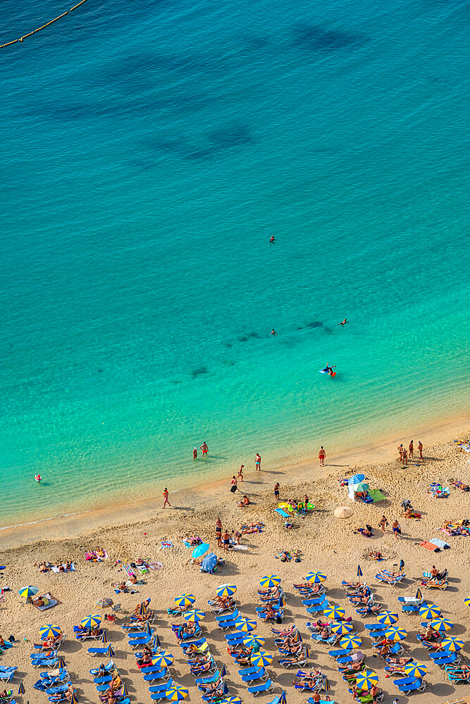 View of Playa de Amadores beach from elevated position, Puerto Rico, Gran Canaria, Canary Islands, Spain, Atlantic, Europe