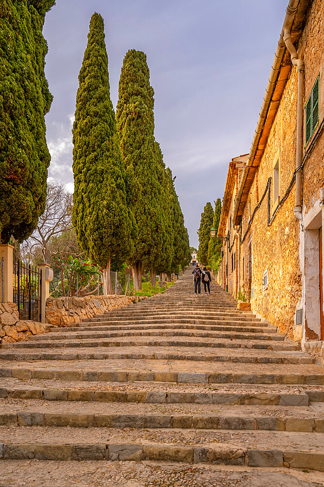 View of the Calvary Steps and Calvary Chapel in the old town of Pollenca, Pollenca, Majorca, Balearic Islands, Spain, Mediterranean, Europe