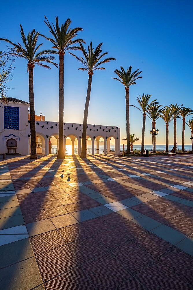 View of Plaza Balcon De Europa at sunrise in Nerja, Costa del Sol, Malaga Province, Andalusia, Spain, Europe