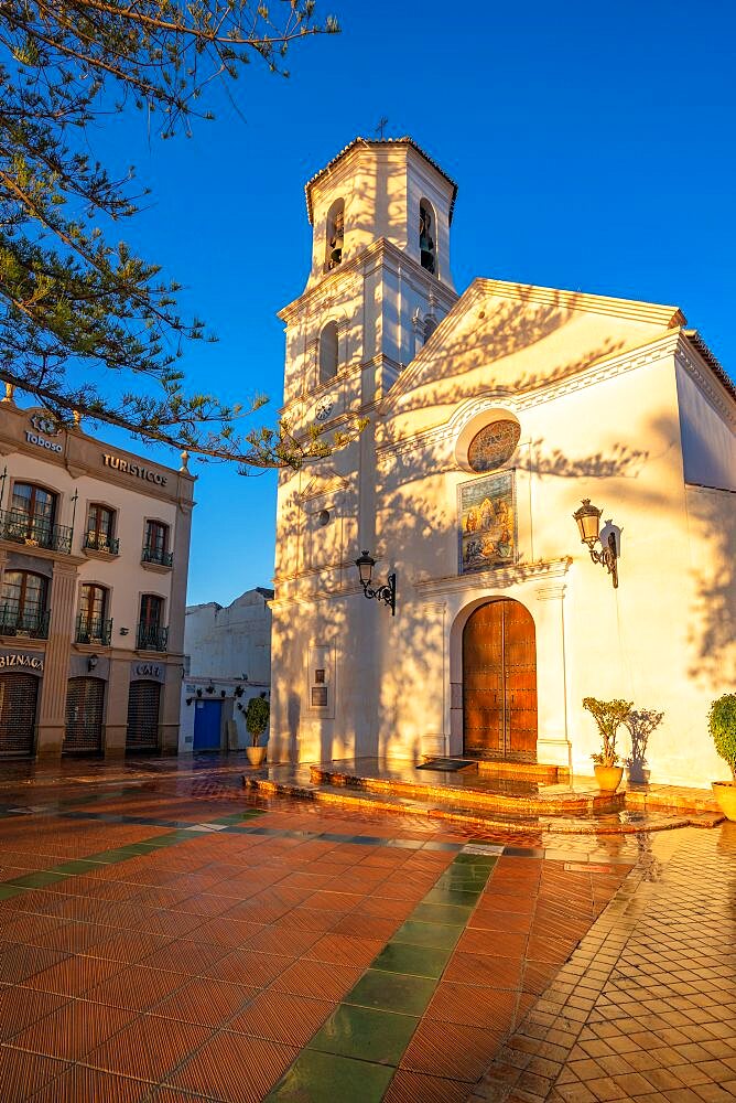 View of Iglesia de El Salvador Church at sunrise in Nerja, Costa del Sol, Malaga Province, Andalusia, Spain, Europe