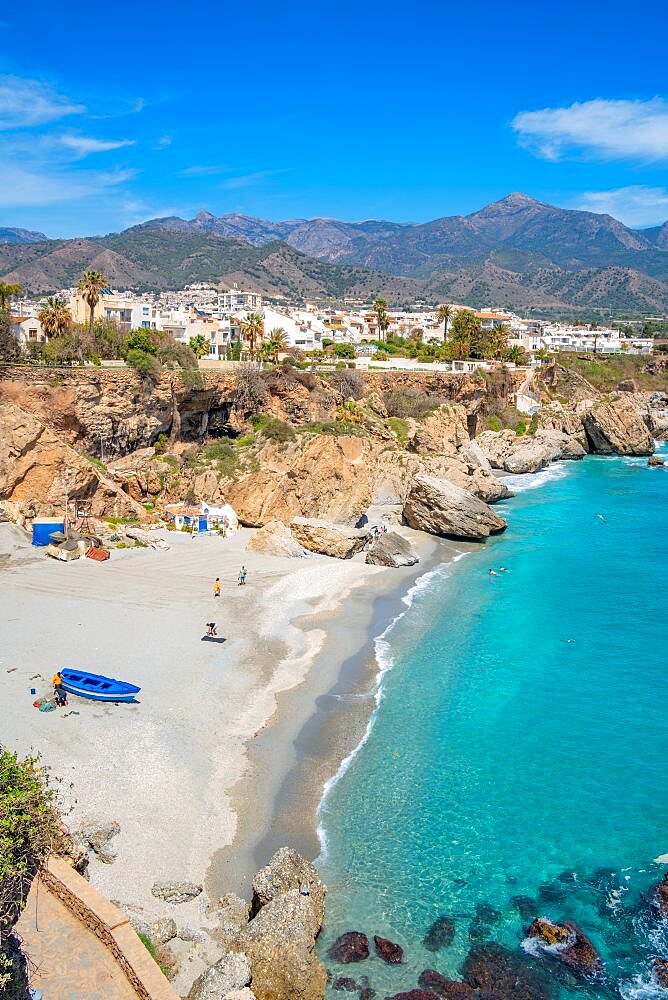 View of Playa de Calahonda beach and coastline in Nerja, Costa del Sol, Malaga Province, Andalusia, Spain, Europe