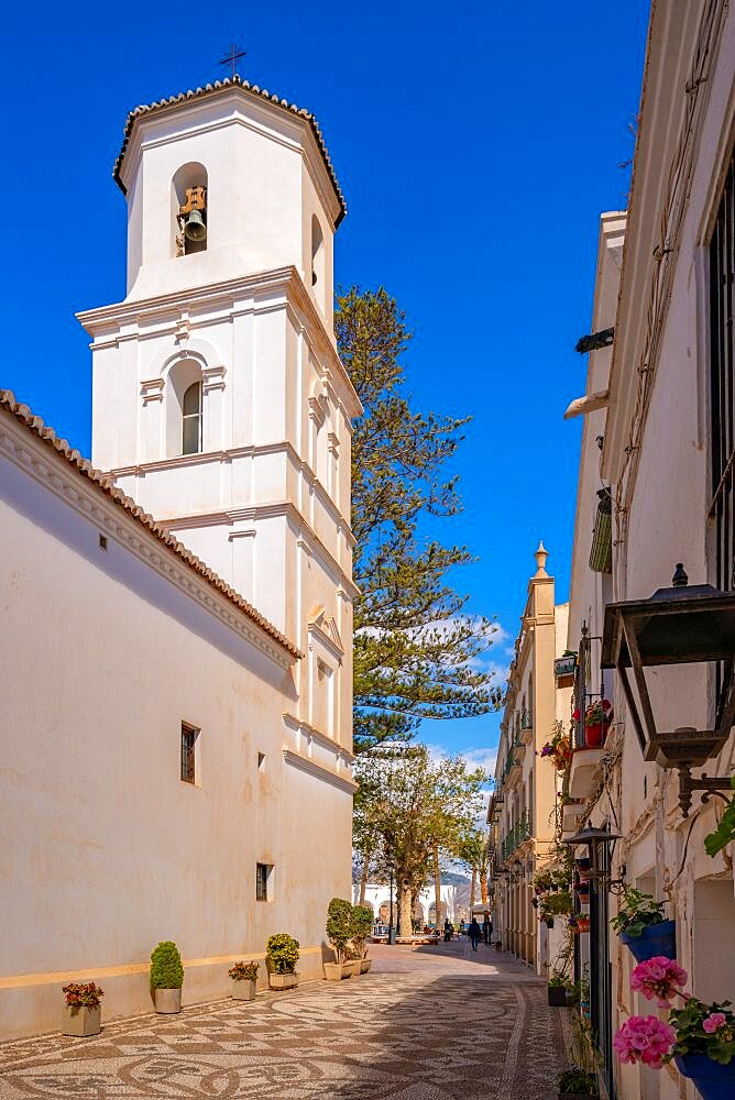 View of Iglesia de El Salvador Church in the old town of Nerja, Nerja, Costa del Sol, Malaga Province, Andalusia, Spain, Europe