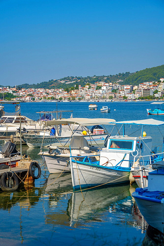 View of boats and Skiathos Town, Skiathos Island, Sporades Islands, Greek Islands, Greece, Europe