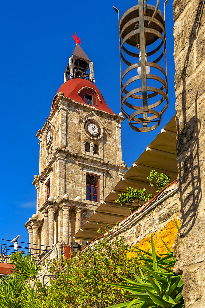 View of Medieval Clock Tower, Old Rhodes Town, UNESCO World Heritage Site, Rhodes, Dodecanese, Greek Islands, Greece, Europe