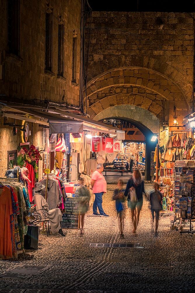 View of shops at night, Old Rhodes Town, UNESCO World Heritage Site, Rhodes, Dodecanese, Greek Islands, Greece, Europe