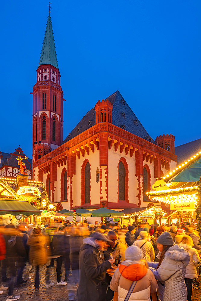 View of Christmas Market on Roemerberg Square at dusk, Frankfurt am Main, Hesse, Germany, Europe