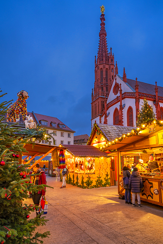 View of Christmas market and Maria Chappel in Marktplatz, Wurzburg, Bavaria, Germany, Europe