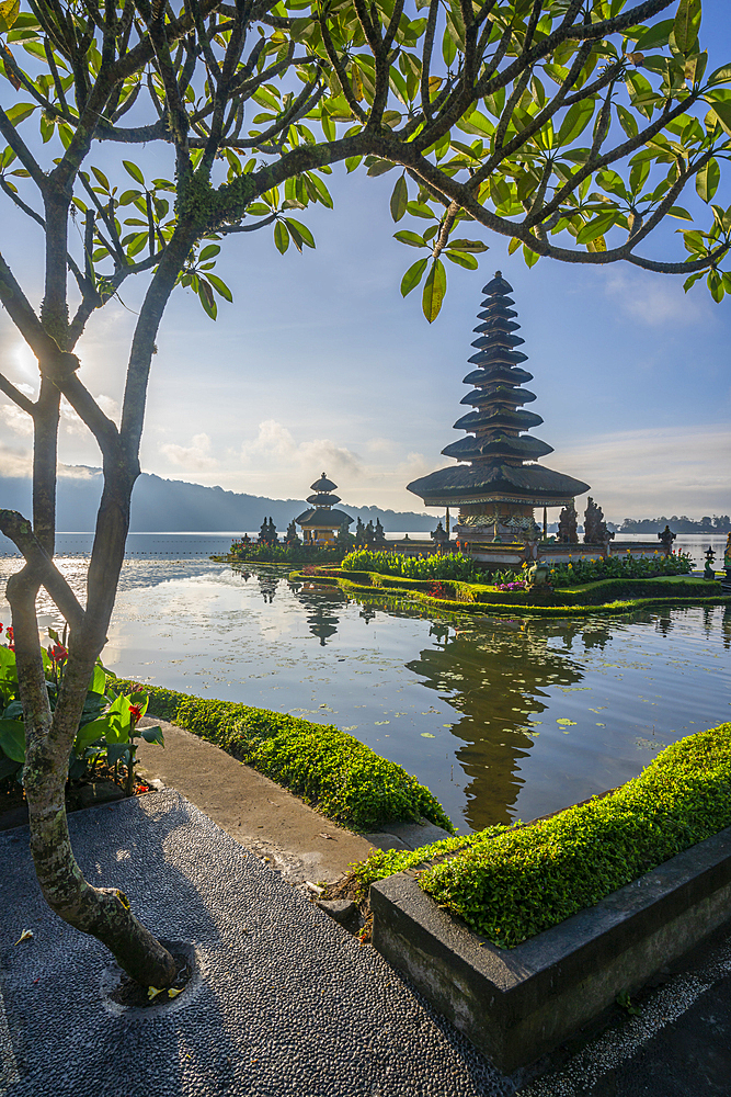 View of Ulun Danu Beratan temple on Lake Bratan at sunrise, Bali, Indonesia, South East Asia, Asia