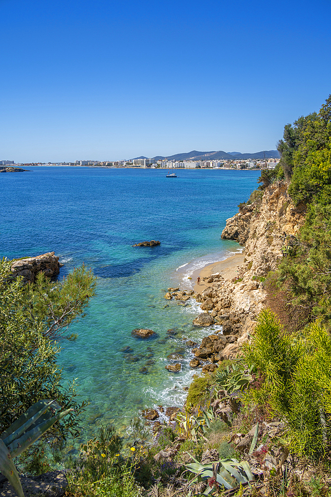 View of hotels overlooking Playa Den Bossa Beach, Ibiza Town, Eivissa, Balearic Islands, Spain, Mediterranean, Europe