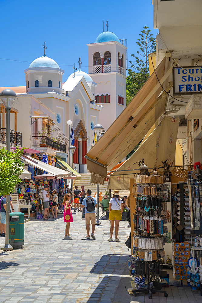 View of shops and Church of Agia Paraskevi, Kos Town, Kos, Dodecanese, Greek Islands, Greece, Europe