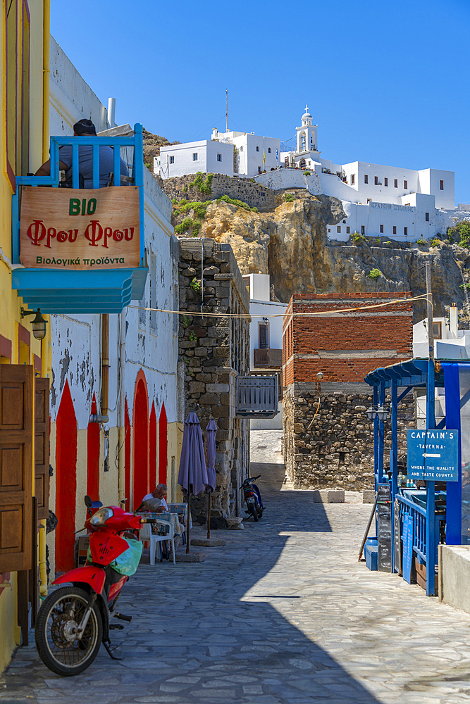 View of Virgin Mary Spiliani Monastery above the town of Mandraki, Mandraki, Nisyros, Dodecanese, Greek Islands, Greece, Europe