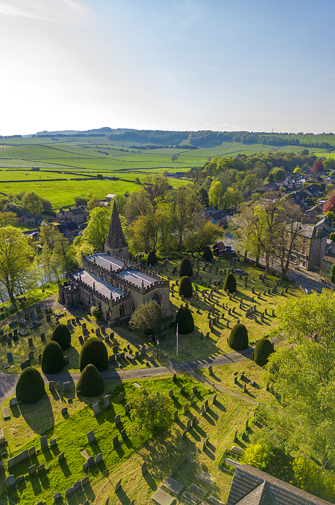 Aerial view of Baslow church and village, Peak District National Park, Derbyshire, England, United Kingdom, Europe