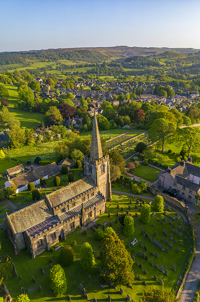 Aerial view of church and village of Hathersage village, Peak District National Park, Derbyshire, England, United Kingdom, Europe