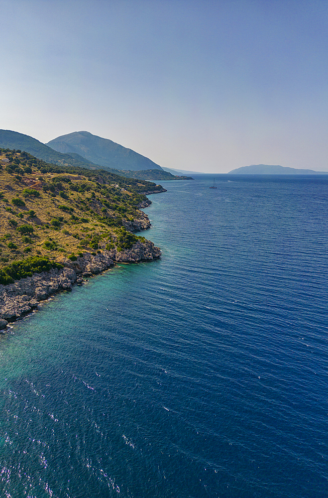 Aerial view of coastline near Zola, Kefalonia, Ionian Islands, Greek Islands, Greece, Europe