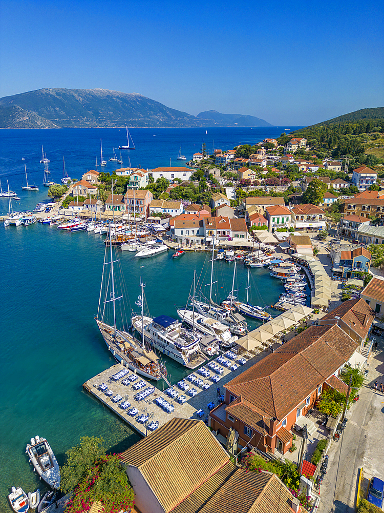 Aerial view of coastline near Zola, Kefalonia, Ionian Islands, Greek Islands, Greece, Europe