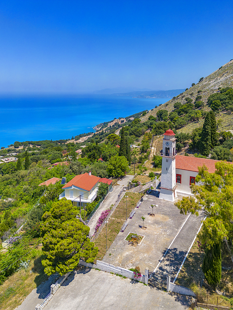 Aerial view of Greek Orthodox Church and coastline near Zola, Kefalonia, Ionian Islands, Greek Islands, Greece, Europe