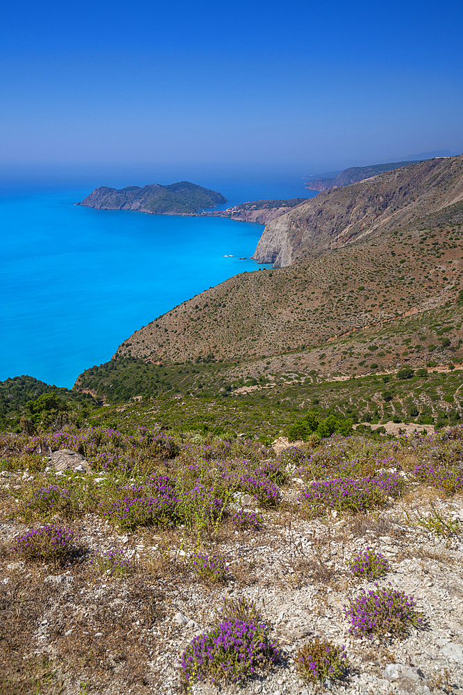 View of Assos, coastline, sea and hills near Agkonas, Kefalonia, Ionian Islands, Greek Islands, Greece, Europe